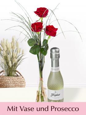 3 Rote Rosen mit Vase und Prosecco