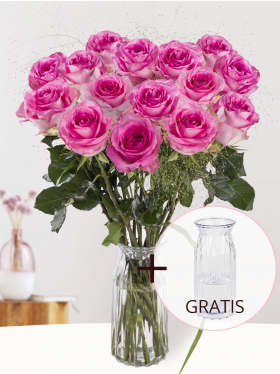 Pinker Rosenstrauß mit Panicum + Gratis Glasvase