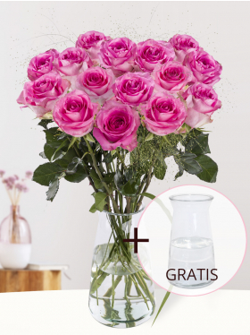 Pinker Rosenstrauß mit Panicum + Gratis Glasvase